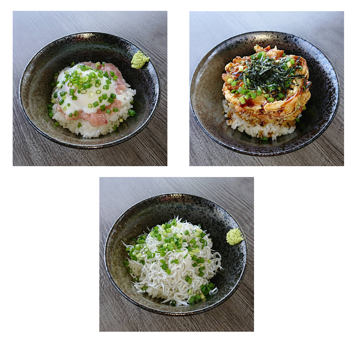 ミニかき揚げ丼、ミニネギトロ丼、ミニしらす丼